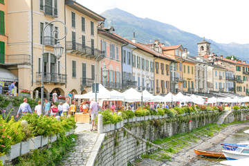 Cannobio city center on the lake, in a sunny day, italy