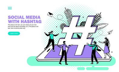 team enjoying around hashtags and social media trends on smartphone vector