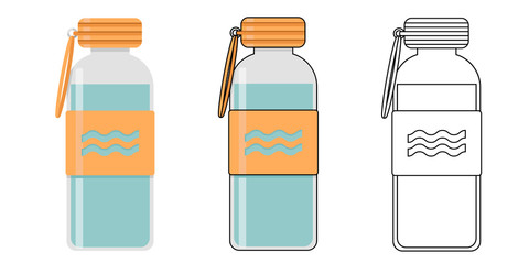 Water bottle flat vector illustration. Set of three illustrations in different styles.