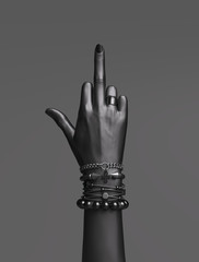 Fuck you hand sign. Bad girl gesture with gold wrist bracelets and finger rings isolated, creative art protest banner, fashion hipster accessories, 3d rendering