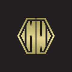 MW Logo monogram with hexagon line rounded design template with gold colors