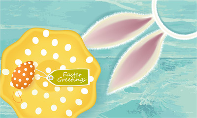 Easter Greetings banner with Easter Egg, plate, ears of a rabbit, tag on abstract background, holiday