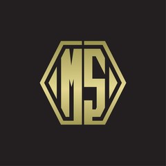 MS Logo monogram with hexagon line rounded design template with gold colors