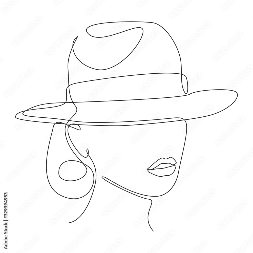 Poster woman in a hat one line drawing on white isolated background. vector illustration - Posters