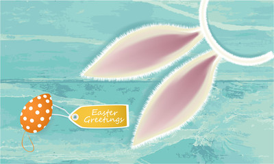 Easter Greetings banner with Easter Egg, ears of a rabbit, tag on abstract background, holiday