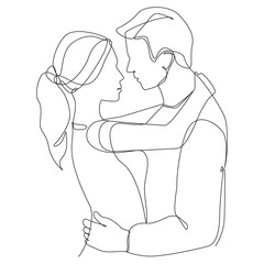 Man and woman hugging one line drawing on a white isolated background. Vector illustration