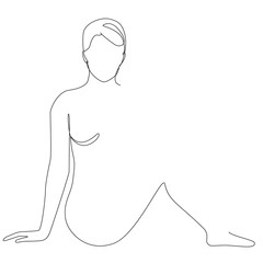 Nude woman sitting in a beautiful pose one line drawing on white isolated background. Vector illustration