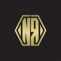 NR Logo monogram with hexagon line rounded design template with gold colors