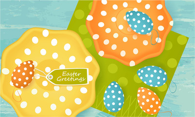 Easter Greetings banner with Easter Eggs, plates, napkin, tag on abstract background, holiday