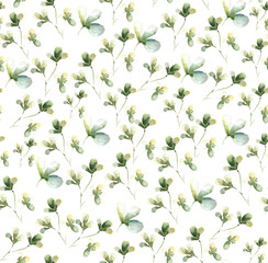  Hand drawing watercolor spring pattern with green leaves, clovers.  illustration isolated on white