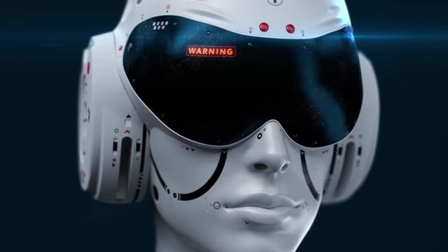 artificial Intelligence. sci fi robot head close-up. hazard scan