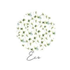  Hand drawing watercolor spring circle with green leaves, clovers.  illustration isolated on white