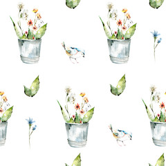 Spring pattern with a bucket with flowers and birds. watercolor