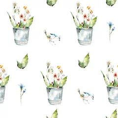 Zelfklevend Fotobehang Planten in pot Lente patroon met een emmer met bloemen en vogels. waterverf