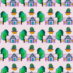 purple and gold house and trees, seamless pattern