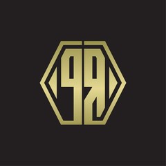 PR Logo monogram with hexagon line rounded design template with gold colors