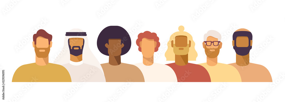 Sticker Young adult men of different nationalities. African, Asian, European, Muslim. Vector illustration, flat design, isolated on white. 