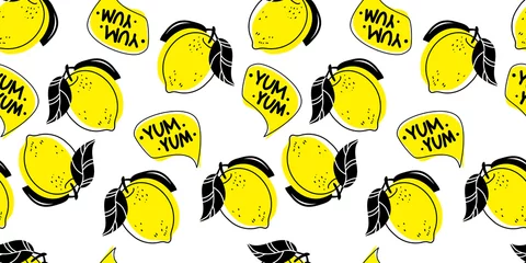 Foto op Plexiglas Citroen Naadloos helder lichtpatroon met verse citroenen voor stof, tekenlabels, print op t-shirt, behang van kinderkamer, fruitachtergrond. Schijfjes van een citroen doodle stijl vrolijke achtergrond.