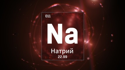 3D illustration of Sodium as Element 10 of the Periodic Table. Silver illuminated atom design background orbiting electrons name, atomic weight element number in russian language
