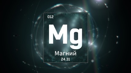 3D illustration of Magnesium as Element 12 of the Periodic Table. Green illuminated atom design background orbiting electrons name, atomic weight element number in russian language