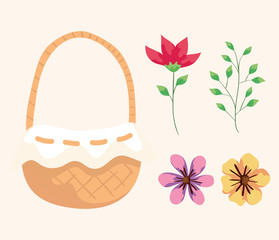 set of basket wicker with flowers and leafs vector illustration design