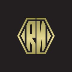 RN Logo monogram with hexagon line rounded design template with gold colors
