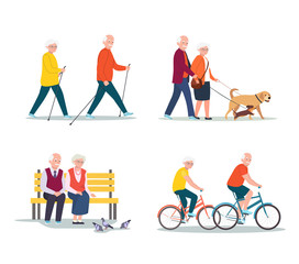 Isolated set of senior woman and man walking, riding a bicycle, sitting on bench. Vector flat illustration.