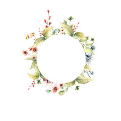  Hand drawing watercolor spring frame of clover leaves and flowers with a bird.  illustration isolated on white