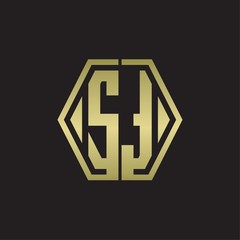 ST Logo monogram with hexagon line rounded design template with gold colors