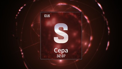 3D illustration of Sulfur as Element 16 of the Periodic Table. Red illuminated atom design background orbiting electrons name, atomic weight element number in russian language