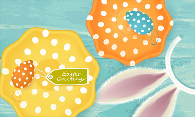 Easter Greetings banner with Easter Eggs, plates, ears of a rabbit, tag on abstract background, holiday