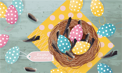 Easter Greetings banner with Easter Eggs, feathers, nest, tag, napkin on abstract background, holiday