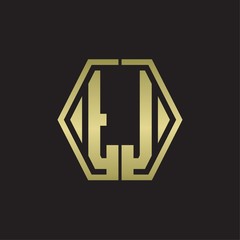 TJ Logo monogram with hexagon line rounded design template with gold colors