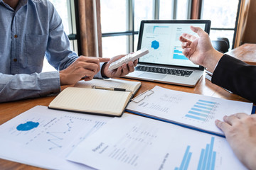 Business team executive presentation on discussion to planning investment financial project and strategy of business making profit conversation with partner