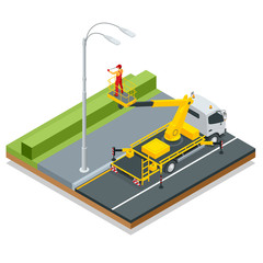 Isometric Yellow Engine Powered Scissor Lift. Worker with the help of an automobile tower change repairing a street pole.