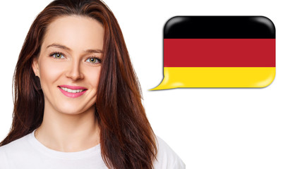 Smiling young woman near dialogue frame with german flag. Speak language concept.