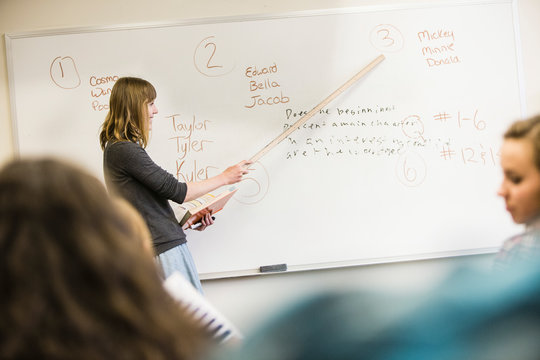 Teacher in front of white board, holding class. Red Lodge, Montana, USA