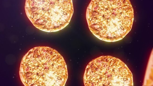 Pizza motion design gif animation on colorful, flying pizza in space, food delivery