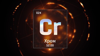 3D illustration of Chromium as Element 24 of the Periodic Table. Orange illuminated atom design background orbiting electrons name, atomic weight element number in russian language
