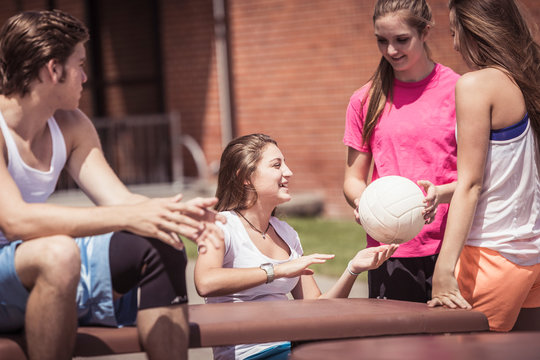 Students at school, outside during physical education class. Red Lodge, Montana, USA