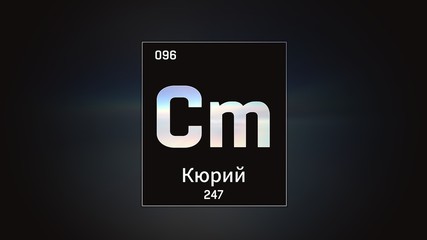 3D illustration of Curium as Element 96 of the Periodic Table. Grey illuminated atom design background with orbiting electrons name atomic weight element number in russian language