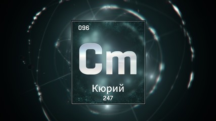 3D illustration of Curium as Element 96 of the Periodic Table. Green illuminated atom design background with orbiting electrons name atomic weight element number in russian language