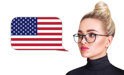 Blonde woman in glasses near dialogue frame with USA flag. Speak language concept.