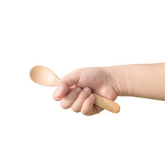 hand holding a wood spoon on isolate background