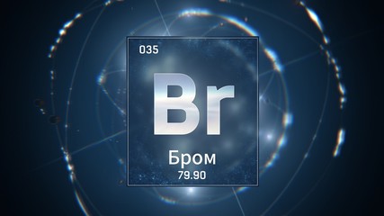 3D illustration of Bromine as Element 35 of the Periodic Table. Blue illuminated atom design background orbiting electrons name, atomic weight element number in russian language