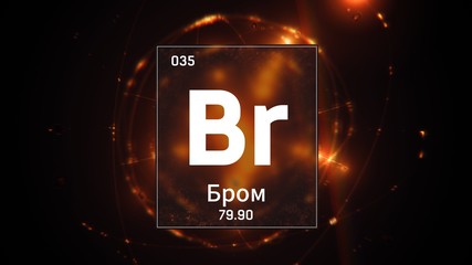 3D illustration of Bromine as Element 35 of the Periodic Table. Orange illuminated atom design background orbiting electrons name, atomic weight element number in russian language