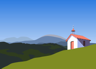 Fototapeta na wymiar Small rural church in mountains flat color vector