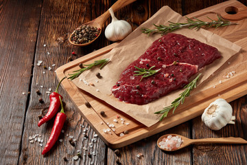 Raw beef steak with spices