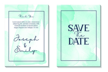 Wedding luxury invitations and Card Template Design with watercolor texture background and Abstract emerald style Vector Illustration.