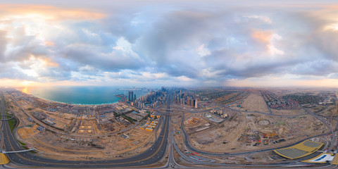360 panorama by 180 degrees angle seamless panorama of aerial view of Dubai Downtown skyline and...